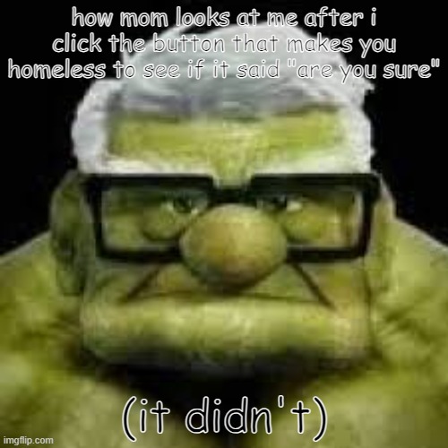 up guy hulk | how mom looks at me after i click the button that makes you homeless to see if it said "are you sure"; (it didn't) | image tagged in up guy hulk | made w/ Imgflip meme maker