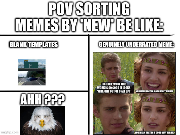 Yes the meme on the right is my own meme; Yes I spent like 10mins making this; No I don't mean any hate; wow long title | POV SORTING MEMES BY 'NEW' BE LIKE:; BLANK TEMPLATES; GENUINELY UNDERRATED MEME:; AHH ??? | image tagged in blank white template | made w/ Imgflip meme maker