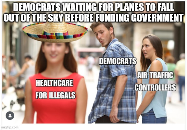 DEMOCRATS WAITING FOR PLANES TO FALL OUT OF THE SKY BEFORE FUNDING GOVERNMENT | made w/ Imgflip meme maker