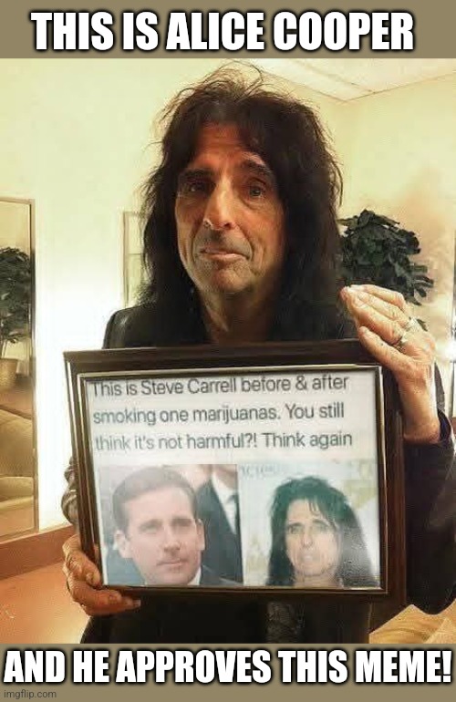 Because real rock stars don't get offended | THIS IS ALICE COOPER; AND HE APPROVES THIS MEME! | image tagged in alice cooper,steve carell,marijuana,funny meme | made w/ Imgflip meme maker