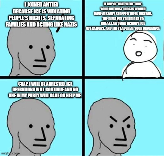When an antifa drone wakes up | I JOINED ANTIFA BECAUSE ICE IS VIOLATING PEOPLE'S RIGHTS, SEPARATING FAMILIES AND ACTING LIKE NAZIS; IF ANY OF THAT WERE TRUE, YOUR ACTIVIST JUDGES WOULD HAVE ALREADY STOPPED THEM. INSTEAD, THE DIMS PAY YOU IDIOTS TO BREAK LAWS AND DISRUPT ICE OPERATIONS, AND THEY LAUGH AT YOUR IGNORANCE; CRAP, I WILL BE ARRESTED, ICE OPERATIONS WILL CONTINUE AND NO ONE IN MY PARTY WILL CARE OR HELP ME. | image tagged in npc meme,antfia,democrat war on america,antifa fascists,demonrat drones,domestic terrorists | made w/ Imgflip meme maker
