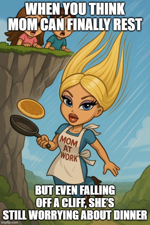 falling mom | WHEN YOU THINK MOM CAN FINALLY REST; BUT EVEN FALLING OFF A CLIFF, SHE’S STILL WORRYING ABOUT DINNER | image tagged in falling mom | made w/ Imgflip meme maker