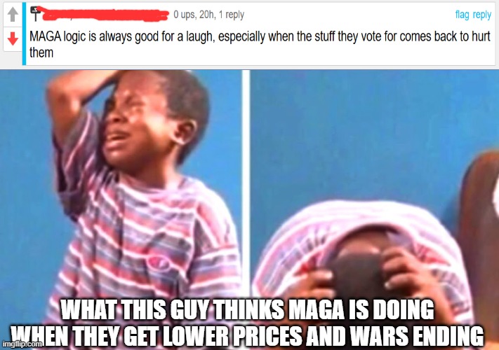 "I hate when I get lower prices, no wars, and affordable housing like I voted for!" | WHAT THIS GUY THINKS MAGA IS DOING WHEN THEY GET LOWER PRICES AND WARS ENDING | image tagged in black kid crying,democrats,liberal hypocrisy,liberal logic,maga,liberal vs conservative | made w/ Imgflip meme maker