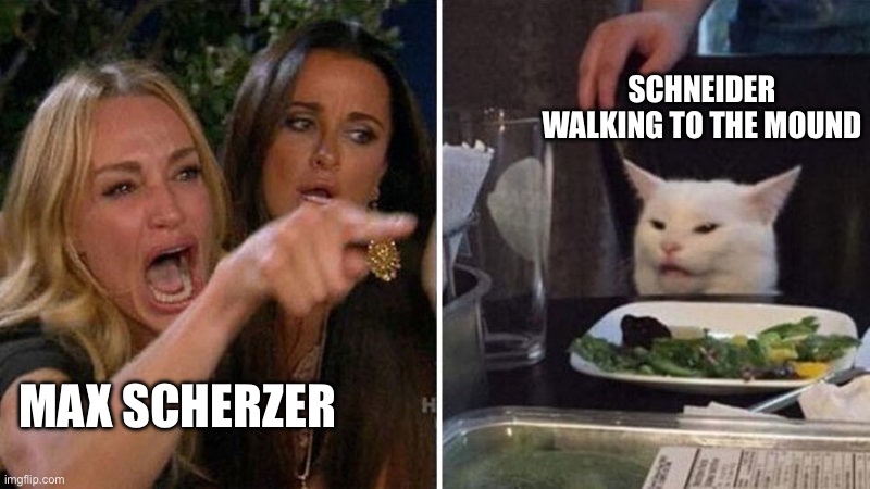 Scherzer yelling at Schneider | SCHNEIDER WALKING TO THE MOUND; MAX SCHERZER | image tagged in woman yelling at white cat | made w/ Imgflip meme maker