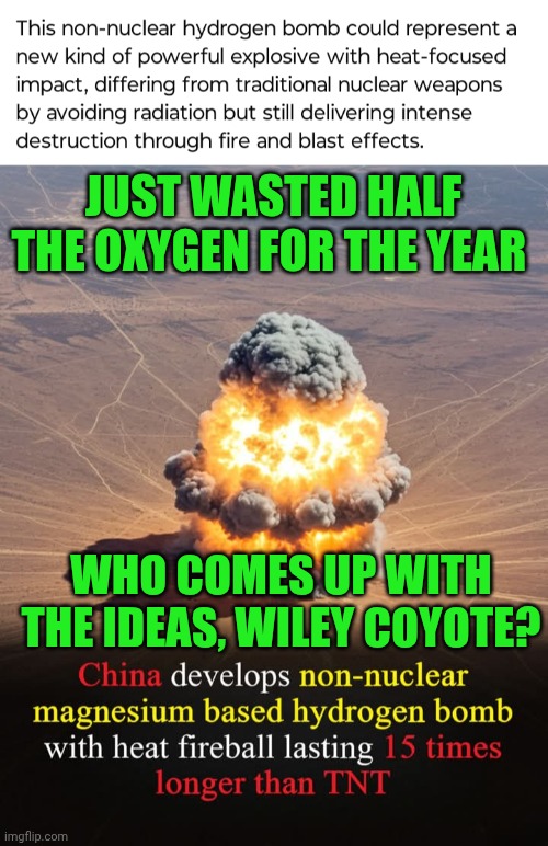 Funny | JUST WASTED HALF THE OXYGEN FOR THE YEAR; WHO COMES UP WITH THE IDEAS, WILEY COYOTE? | image tagged in funny,china,wile e coyote,you've been invited to dumbass university,oxygen,waste | made w/ Imgflip meme maker
