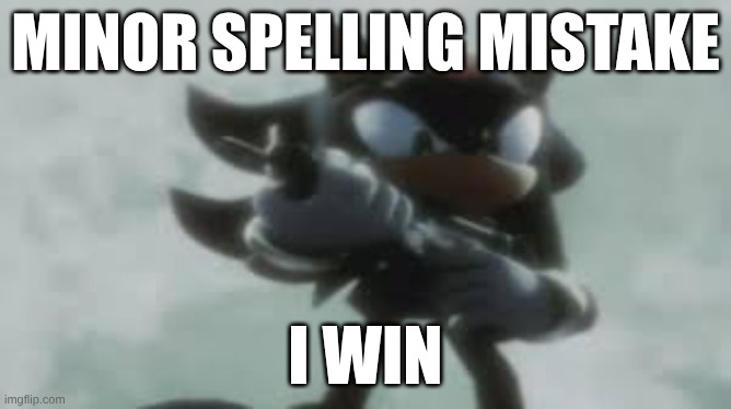 Shadow the hedgehog with a gun | MINOR SPELLING MISTAKE I WIN | image tagged in shadow the hedgehog with a gun | made w/ Imgflip meme maker