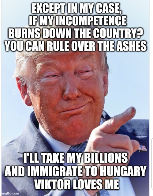 Trump pointing | EXCEPT IN MY CASE,
 IF MY INCOMPETENCE BURNS DOWN THE COUNTRY? 
YOU CAN RULE OVER THE ASHES I'LL TAKE MY BILLIONS 
AND IMMIGRATE TO HUNGARY  | image tagged in trump pointing | made w/ Imgflip meme maker