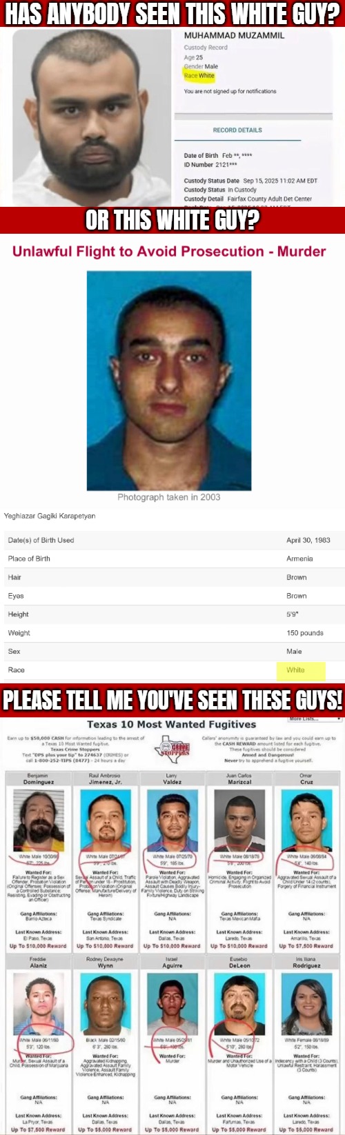 No such thing as "Brown" when it effects crime stats. Blacks are still black though... | HAS ANYBODY SEEN THIS WHITE GUY? OR THIS WHITE GUY? PLEASE TELL ME YOU'VE SEEN THESE GUYS! | image tagged in crime,sarcasm,race | made w/ Imgflip meme maker