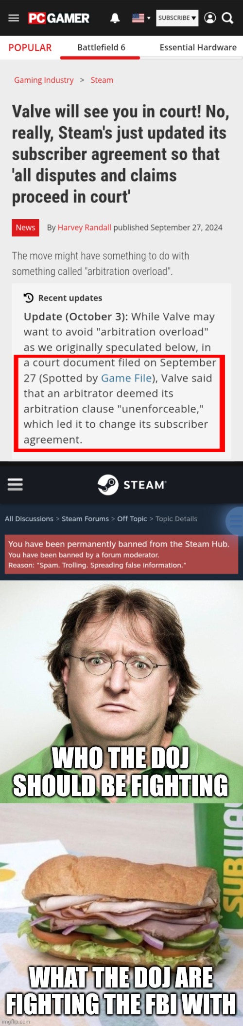 Contempt of court but as carried out by the courts | WHO THE DOJ SHOULD BE FIGHTING; WHAT THE DOJ ARE FIGHTING THE FBI WITH | image tagged in gabe newell,subway sandwich,doj | made w/ Imgflip meme maker