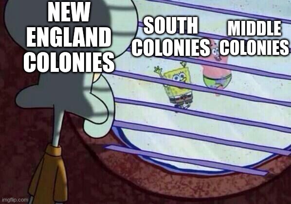 Squidward window | NEW ENGLAND COLONIES; SOUTH COLONIES; MIDDLE COLONIES | image tagged in squidward window | made w/ Imgflip meme maker