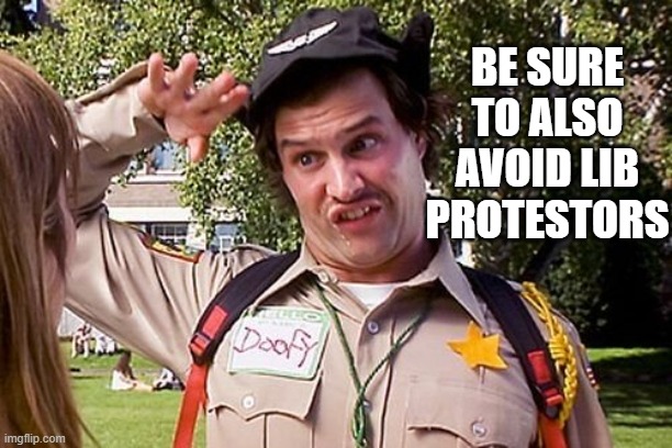 Special Officer Doofy | BE SURE TO ALSO AVOID LIB PROTESTORS | image tagged in special officer doofy | made w/ Imgflip meme maker