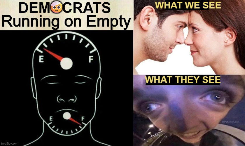 Failed Democrat Policies | WHAT WE SEE; DEMOCRATS; 🤕; Running on Empty; WHAT THEY SEE | image tagged in confused confusing confusion,liberalism,fail,epic fail,upside down,democrat party | made w/ Imgflip meme maker