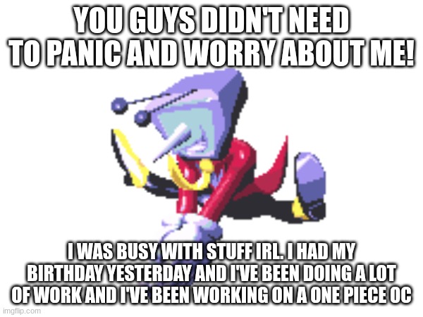 YOU GUYS DIDN'T NEED TO PANIC AND WORRY ABOUT ME! I WAS BUSY WITH STUFF IRL. I HAD MY BIRTHDAY YESTERDAY AND I'VE BEEN DOING A LOT OF WORK AND I'VE BEEN WORKING ON A ONE PIECE OC | made w/ Imgflip meme maker