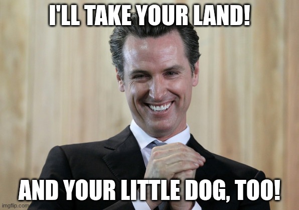 Scheming Gavin Newsom  | I'LL TAKE YOUR LAND! AND YOUR LITTLE DOG, TOO! | image tagged in scheming gavin newsom | made w/ Imgflip meme maker