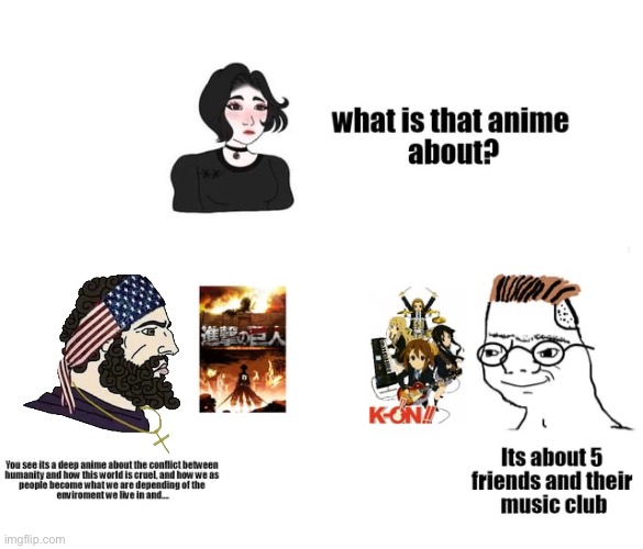 Fixed a meme | image tagged in attack on titan,k-on,virgin vs chad | made w/ Imgflip meme maker