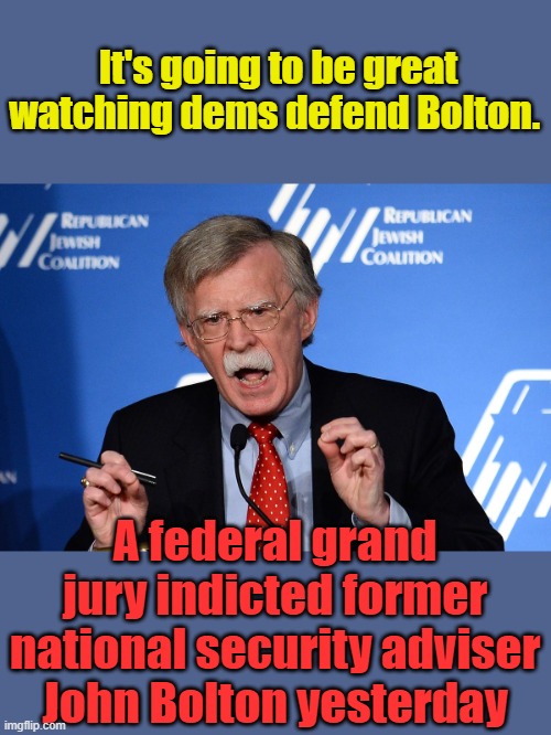 DEMs new friend | It's going to be great watching dems defend Bolton. A federal grand jury indicted former national security adviser John Bolton yesterday | image tagged in john bolton - wacko | made w/ Imgflip meme maker