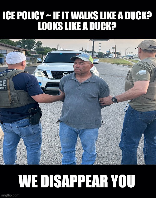 Black background | ICE POLICY ~ IF IT WALKS LIKE A DUCK?
LOOKS LIKE A DUCK? WE DISAPPEAR YOU | image tagged in black background | made w/ Imgflip meme maker