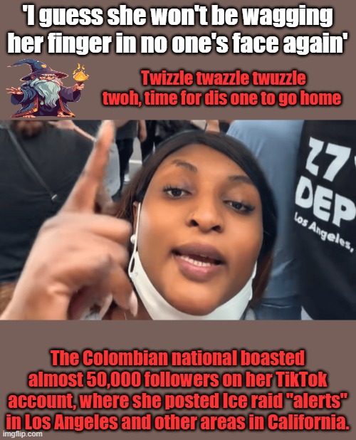 Bye Bye don't let the door hit you in your ass. | 'I guess she won't be wagging her finger in no one's face again'; Twizzle twazzle twuzzle twoh, time for dis one to go home; The Colombian national boasted almost 50,000 followers on her TikTok account, where she posted Ice raid "alerts" in Los Angeles and other areas in California. | made w/ Imgflip meme maker