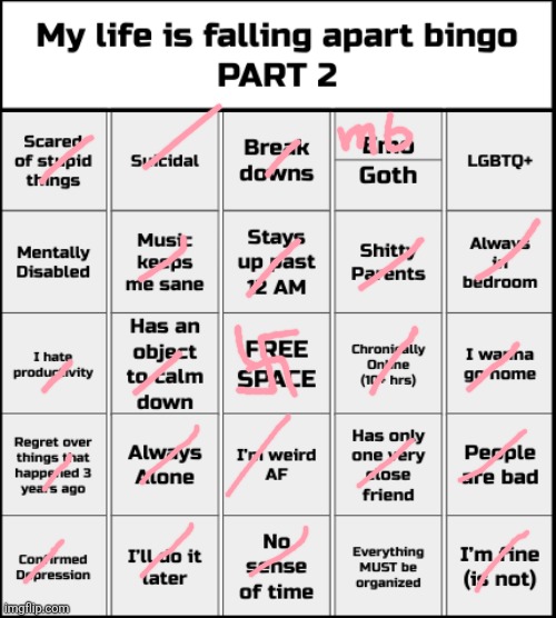 I thought I was fine | image tagged in my life is falling apart bingo part 2 | made w/ Imgflip meme maker