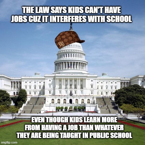 Scumbag Government | THE LAW SAYS KIDS CAN'T HAVE JOBS CUZ IT INTERFERES WITH SCHOOL; EVEN THOUGH KIDS LEARN MORE FROM HAVING A JOB THAN WHATEVER THEY ARE BEING TAUGHT IN PUBLIC SCHOOL | image tagged in scumbag government,government,politics,school | made w/ Imgflip meme maker
