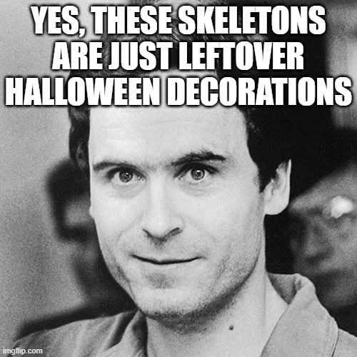 Ted Bundy serial killer | YES, THESE SKELETONS ARE JUST LEFTOVER HALLOWEEN DECORATIONS | image tagged in ted bundy serial killer | made w/ Imgflip meme maker