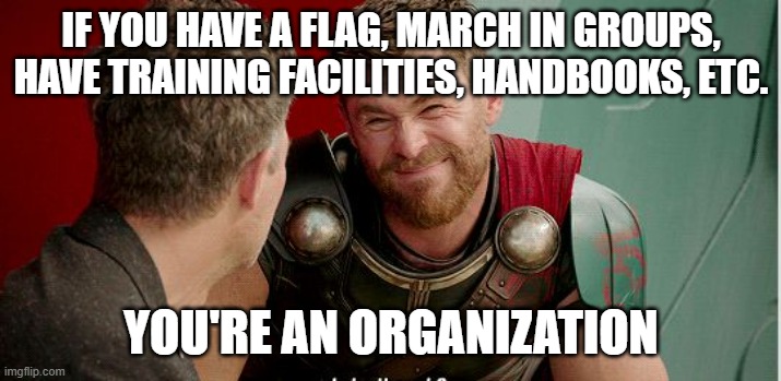 Thor is he though | IF YOU HAVE A FLAG, MARCH IN GROUPS, HAVE TRAINING FACILITIES, HANDBOOKS, ETC. YOU'RE AN ORGANIZATION | image tagged in thor is he though | made w/ Imgflip meme maker