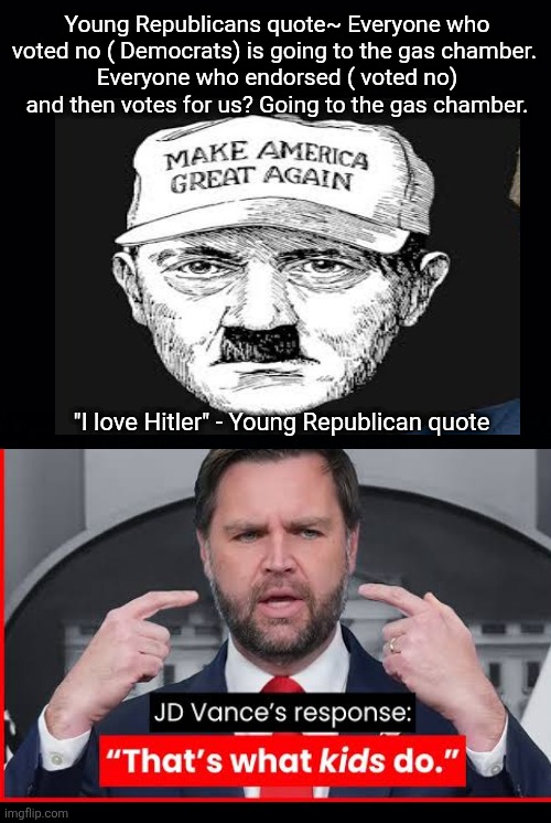 If there was ever any questions of what Maga's true intentions have always been about? Please, remove all doubt. | Young Republicans quote~ Everyone who voted no ( Democrats) is going to the gas chamber. 
Everyone who endorsed ( voted no) and then votes for us? Going to the gas chamber. "I love Hitler" - Young Republican quote | image tagged in trump,maga,hitler,nazis,true intentions,of us all | made w/ Imgflip meme maker