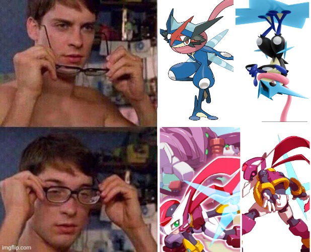 Greninja and Megaman Model P | image tagged in spiderman glasses,megaman,pokemon memes | made w/ Imgflip meme maker