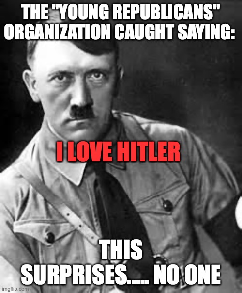 Republicans love Hitler | THE "YOUNG REPUBLICANS" ORGANIZATION CAUGHT SAYING:; I LOVE HITLER; THIS SURPRISES..... NO ONE | image tagged in adolf hitler,republicans,gop,young republicans,donald trump,maga | made w/ Imgflip meme maker