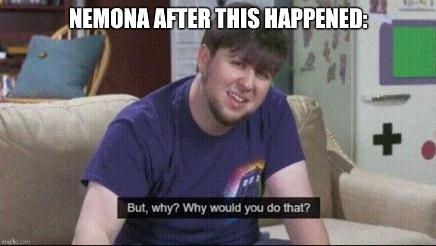 But why why would you do that? | NEMONA AFTER THIS HAPPENED: | image tagged in but why why would you do that | made w/ Imgflip meme maker