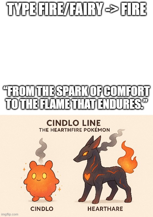 new fakemon | TYPE FIRE/FAIRY -> FIRE; “FROM THE SPARK OF COMFORT TO THE FLAME THAT ENDURES.” | image tagged in pokemon,fakemon | made w/ Imgflip meme maker