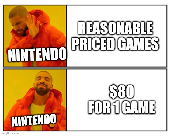 Seriously Nintendo | REASONABLE PRICED GAMES; NINTENDO; $80 FOR 1 GAME; NINTENDO | image tagged in no - yes | made w/ Imgflip meme maker