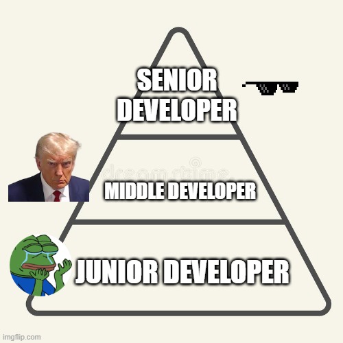 developer hierarchy | SENIOR DEVELOPER; MIDDLE DEVELOPER; JUNIOR DEVELOPER | image tagged in pyramid blank - three levels | made w/ Imgflip meme maker