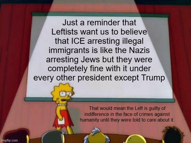 Have a great weekend! | Just a reminder that Leftists want us to believe that ICE arresting illegal immigrants is like the Nazis arresting Jews but they were completely fine with it under every other president except Trump; That would mean the Left is guilty of indifference in the face of crimes against humanity until they were told to care about it. | image tagged in lisa simpson's presentation,politics,ice,illegal immigration,trump was right,liberal hypocrisy | made w/ Imgflip meme maker