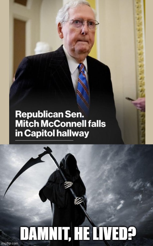 Mitch Fell and Survived | DAMNIT, HE LIVED? | image tagged in death,mitch mcconnell | made w/ Imgflip meme maker
