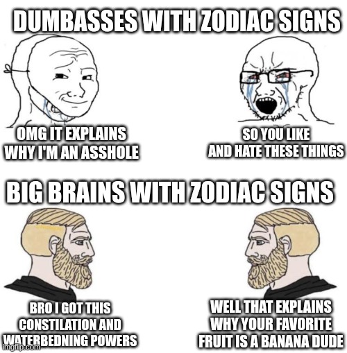 If you're wondering I am a scorpio for Greek and monkey for the lunar calendar | DUMBASSES WITH ZODIAC SIGNS; OMG IT EXPLAINS WHY I'M AN ASSHOLE; SO YOU LIKE AND HATE THESE THINGS; BIG BRAINS WITH ZODIAC SIGNS; WELL THAT EXPLAINS WHY YOUR FAVORITE FRUIT IS A BANANA DUDE; BRO I GOT THIS CONSTILATION AND WATERBEDNING POWERS | image tagged in chad we know,zodiac signs,dank memes,dumbass,big brain | made w/ Imgflip meme maker