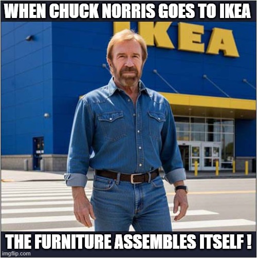 What A Guy ! | WHEN CHUCK NORRIS GOES TO IKEA; THE FURNITURE ASSEMBLES ITSELF ! | image tagged in chuck norris,ikea,furniture,assembly | made w/ Imgflip meme maker