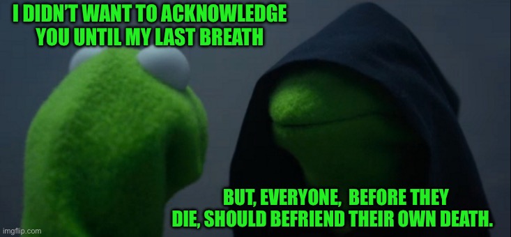 Evil Kermit | I DIDN’T WANT TO ACKNOWLEDGE YOU UNTIL MY LAST BREATH; BUT, EVERYONE,  BEFORE THEY DIE, SHOULD BEFRIEND THEIR OWN DEATH. | image tagged in memes,evil kermit | made w/ Imgflip meme maker