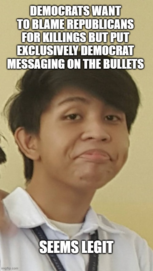 Seems Legit | DEMOCRATS WANT TO BLAME REPUBLICANS FOR KILLINGS BUT PUT EXCLUSIVELY DEMOCRAT MESSAGING ON THE BULLETS SEEMS LEGIT | image tagged in seems legit | made w/ Imgflip meme maker