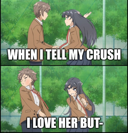 Anime Girl Slapping A Guy | WHEN I TELL MY CRUSH I LOVE HER BUT- | image tagged in anime girl slapping a guy | made w/ Imgflip meme maker