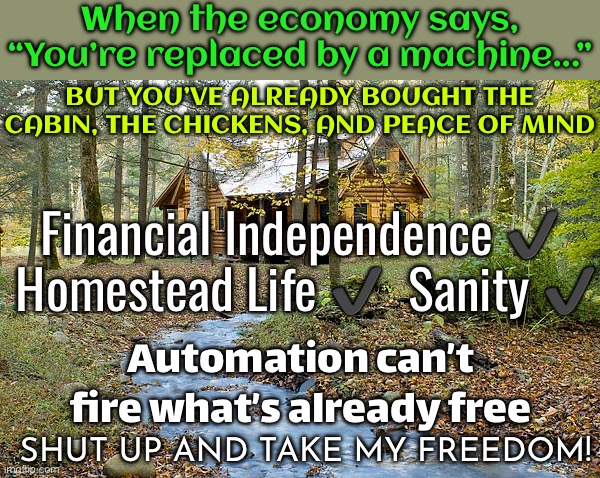 When the economy says, “You’re replaced by a machine...” | When the economy says, “You’re replaced by a machine...”; BUT YOU’VE ALREADY BOUGHT THE CABIN, THE CHICKENS, AND PEACE OF MIND; Financial Independence ✔️  Homestead Life ✔️  Sanity ✔️; Automation can’t fire what’s already free; SHUT UP AND TAKE MY FREEDOM! | image tagged in cabin in the woods,freedom,independence,artificial intelligence,economy,robots | made w/ Imgflip meme maker