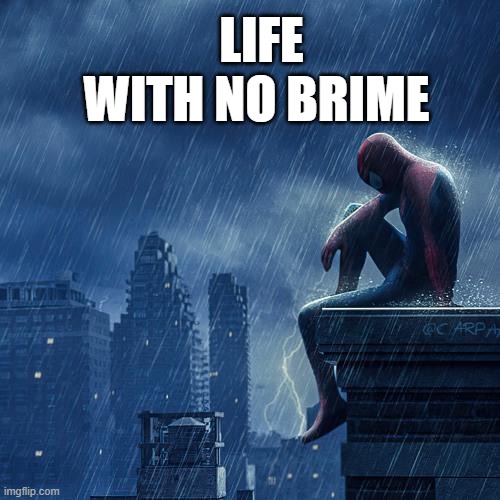LIfe with no brime | LIFE WITH NO BRIME | image tagged in brime,memes,spiderman | made w/ Imgflip meme maker