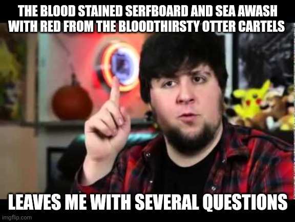 JonTron I have several questions | THE BLOOD STAINED SERFBOARD AND SEA AWASH WITH RED FROM THE BLOODTHIRSTY OTTER CARTELS LEAVES ME WITH SEVERAL QUESTIONS | image tagged in jontron i have several questions | made w/ Imgflip meme maker