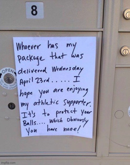 Nutless Thief | image tagged in thief,balls,coward,mailbox,funny signs,funny meme | made w/ Imgflip meme maker