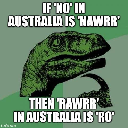 Language matters | IF 'NO' IN AUSTRALIA IS 'NAWRR'; THEN 'RAWRR' IN AUSTRALIA IS 'RO' | image tagged in memes,philosoraptor,funny | made w/ Imgflip meme maker