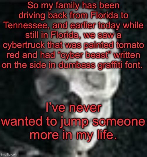 . | So my family has been driving back from Florida to Tennessee, and earlier today while still in Florida, we saw a cybertruck that was painted tomato red and had “cyber beast” written on the side in dumbass graffiti font. I’ve never wanted to jump someone more in my life. | image tagged in skull | made w/ Imgflip meme maker