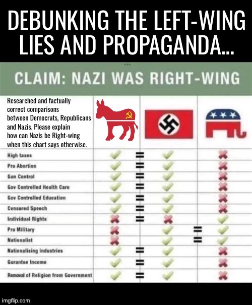 They’ve brainwashed their supporters into believing these lies. Even when the truth is so evident… | DEBUNKING THE LEFT-WING LIES AND PROPAGANDA… | image tagged in political meme,leftist lies,propaganda,nazis,republicans,democrats | made w/ Imgflip meme maker