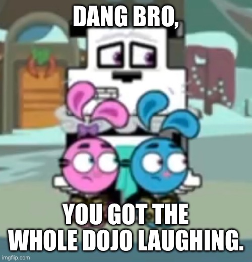 DANG BRO, YOU GOT THE WHOLE DOJO LAUGHING. (Flipped version) | DANG BRO, YOU GOT THE WHOLE DOJO LAUGHING. | image tagged in memes,funny | made w/ Imgflip meme maker