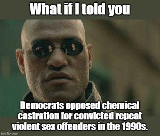 Matrix Morpheus Meme | What if I told you Democrats opposed chemical castration for convicted repeat violent sex offenders in the 1990s. | image tagged in memes,matrix morpheus | made w/ Imgflip meme maker