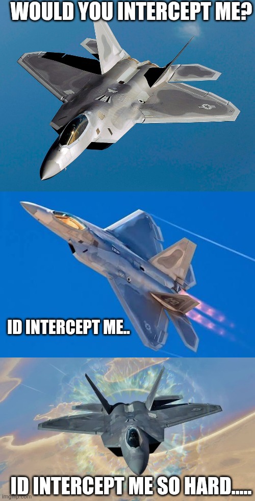 F22 intercept | WOULD YOU INTERCEPT ME? ID INTERCEPT ME.. ID INTERCEPT ME SO HARD..... | image tagged in military humor | made w/ Imgflip meme maker